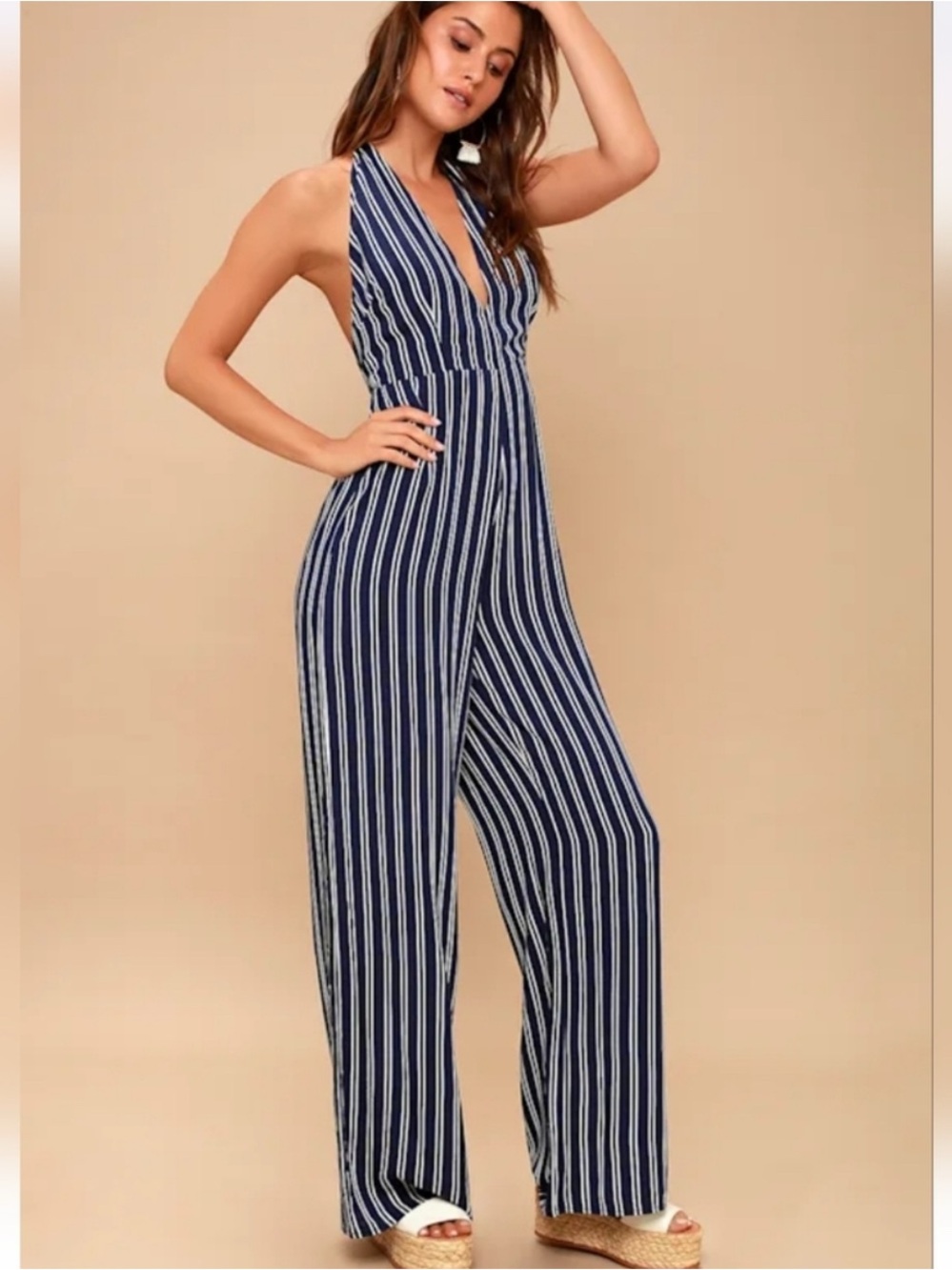 Jack by BB Dakota Navy Striped Halter Wide Leg Jumpsuit Size 6 Flowy Rayon